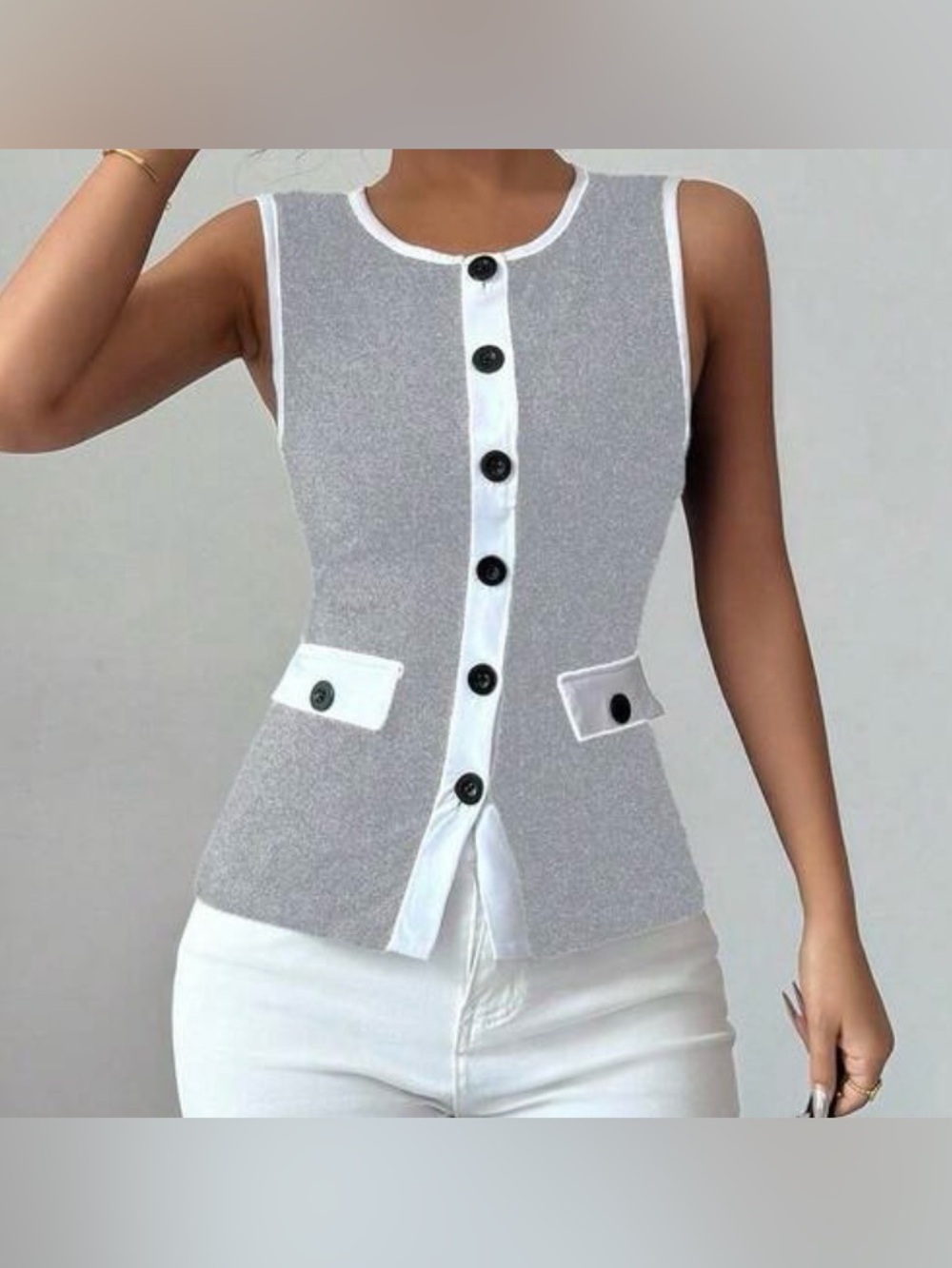 Women’s Gray Button Front Top with White Trim
